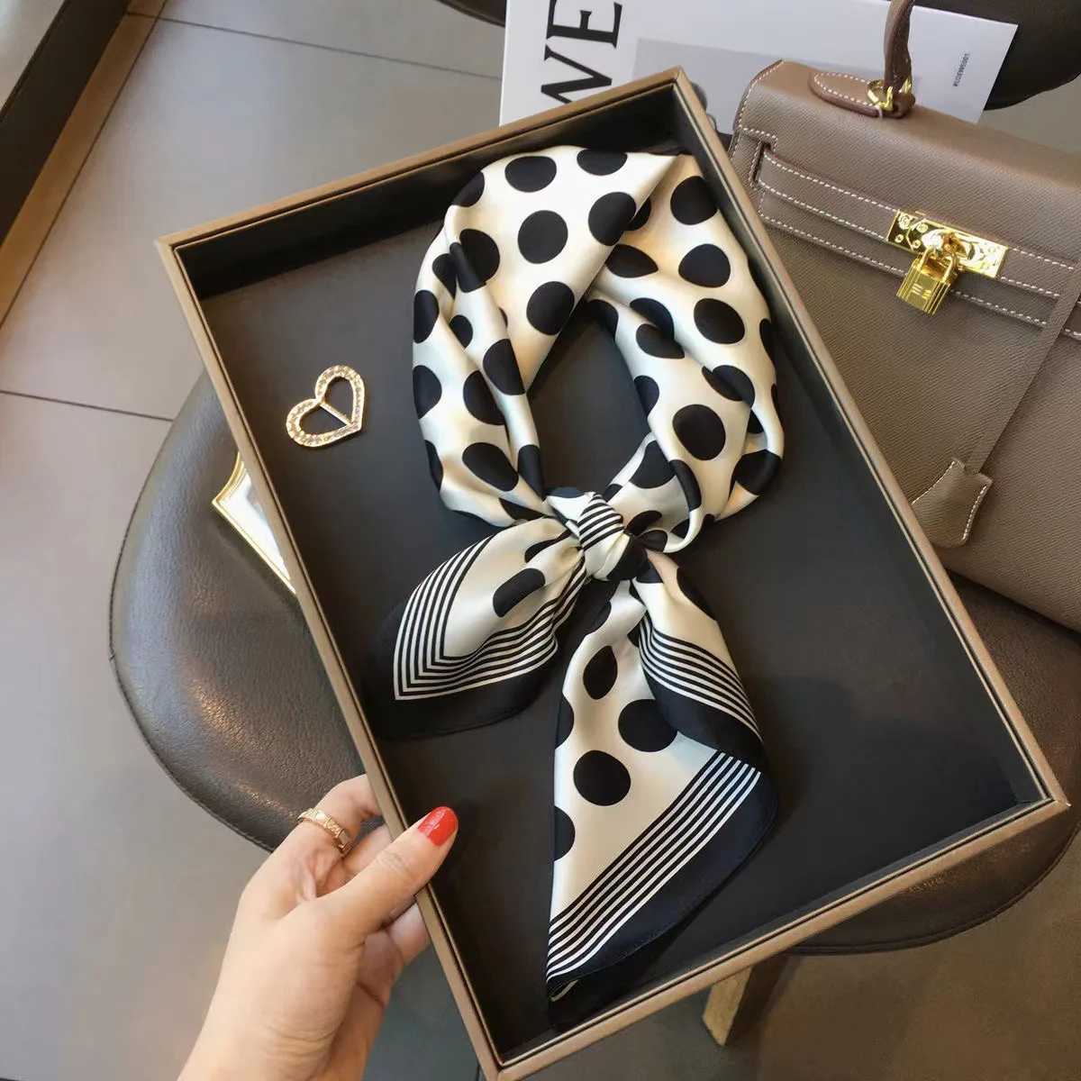 1PCS Spring/Summer Fashion 70 Square Scarf Decorative Silk Scarf Black and White Polka Dots Korean Edition Scarf Fashion W250602