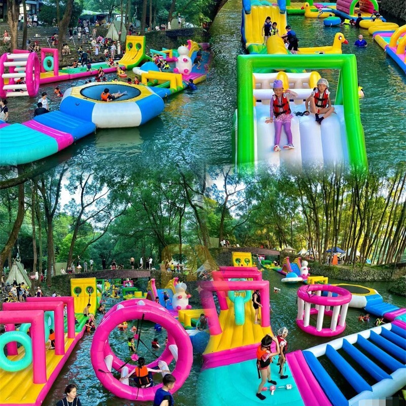 Iatable Lake Surface Obstacle Course Swimming Pool Fun Levels Floating Toys Small Boat Kayak Seesaw Slide