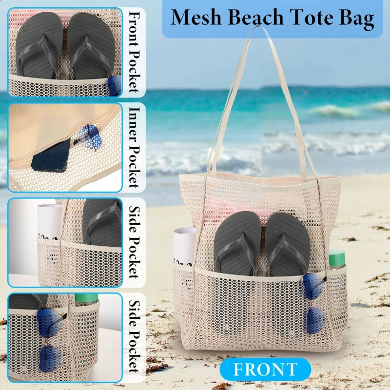Multi Pockets Summer Beach Bag For Towels Mesh Durable Travel Handbag Toys Organizer Waterproof Underwear Swimming Storage Bag 250530