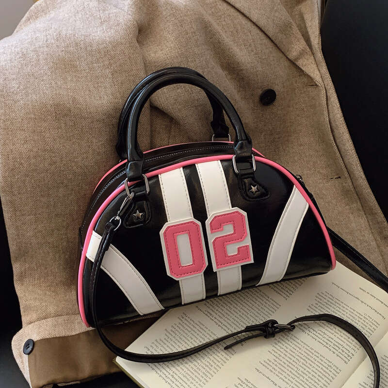 Women's bowling bag oil leather splicing contrasting digital decoration hand-held women's handbag 2025 new casual versatile fashion