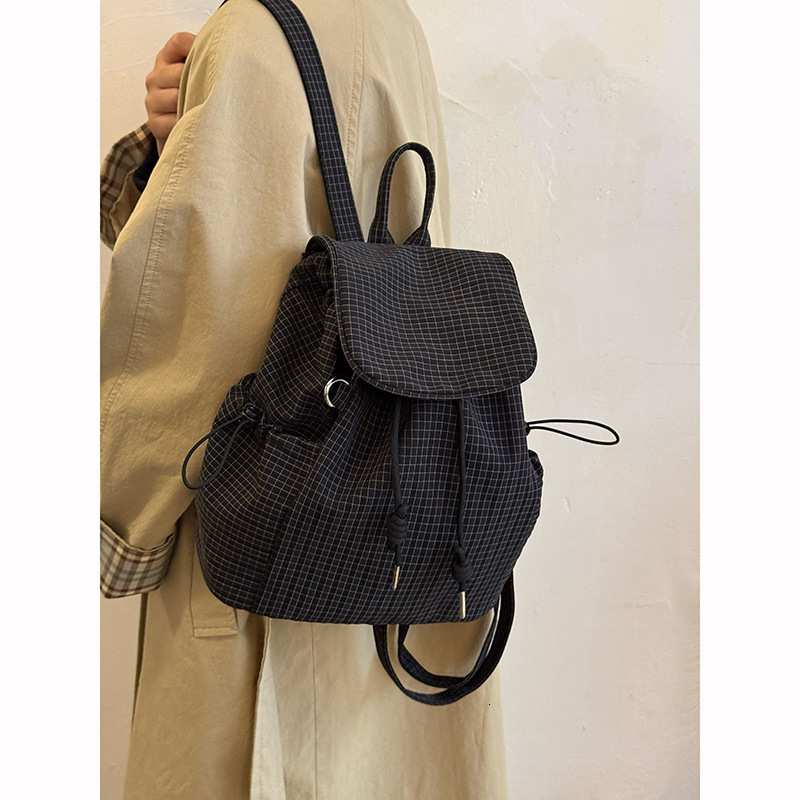 designer Japanese Style Casual Artistic Canvas Backpack INS Fashion Drawstring Wrinkled School Bag Internet Celebrity Nylon Large Capacity Backpack