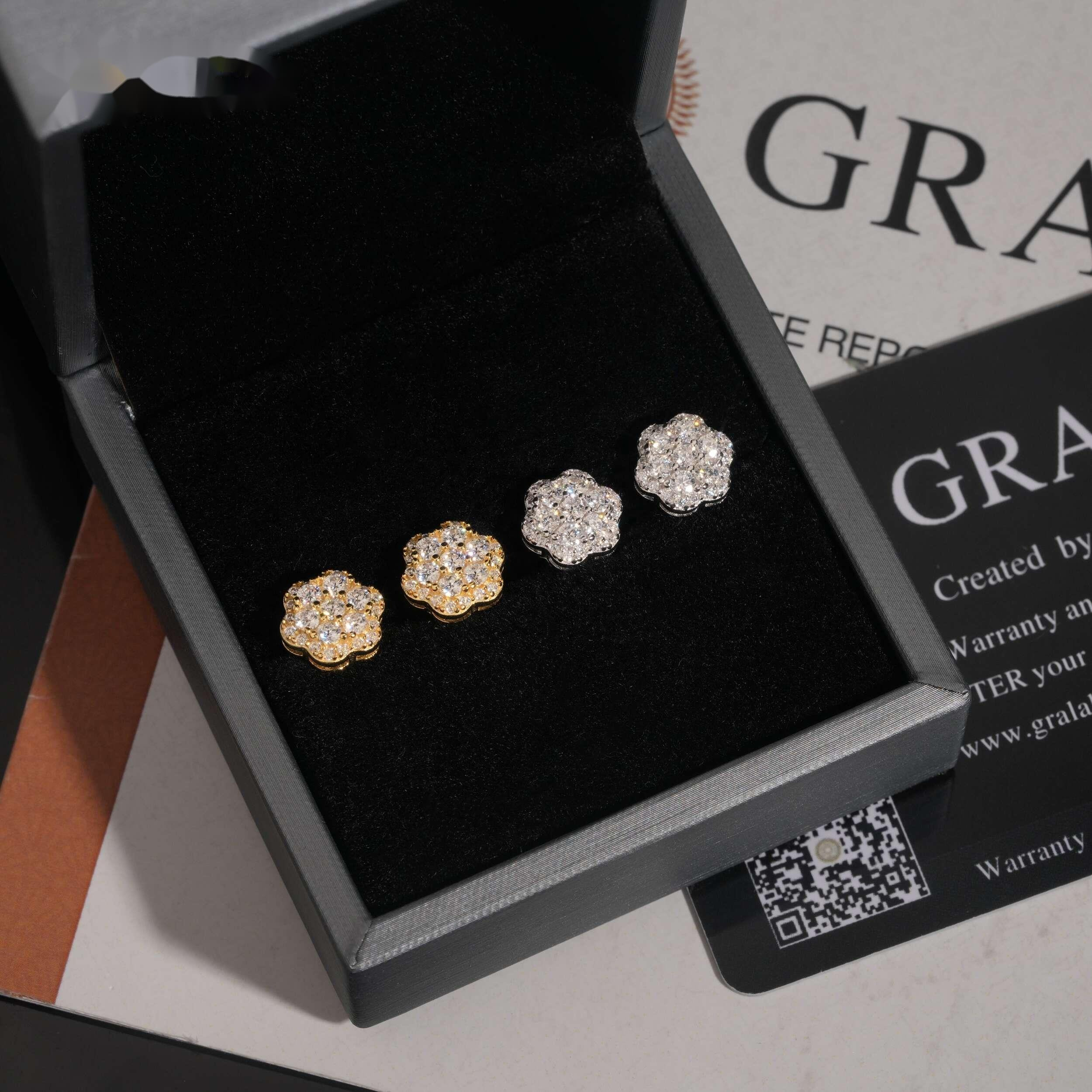 High Quality 925 Sterling Silver Flower Iced Out Diamond Hip Hop Screw Back Moissanite Stud Earrings