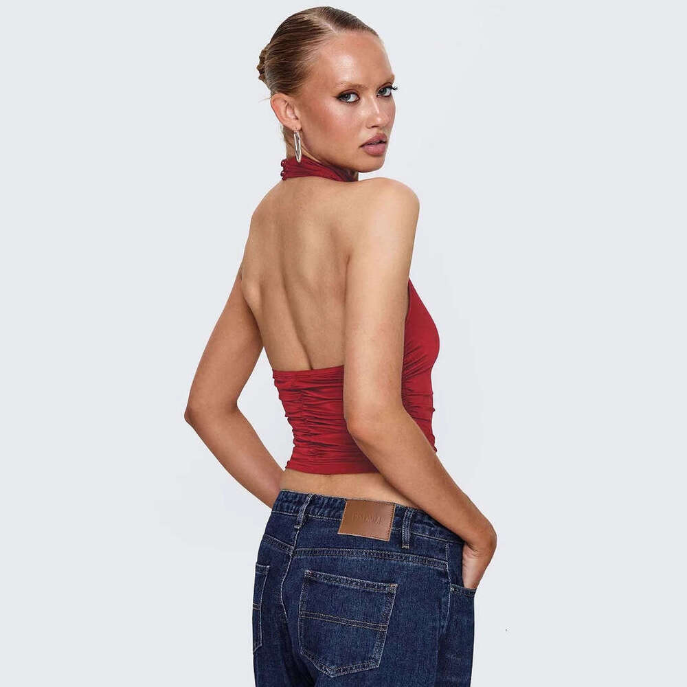 2025 Backless Solid Color Tank Y2K Half High Neck Ruched Halter Women's Sleeveless Top