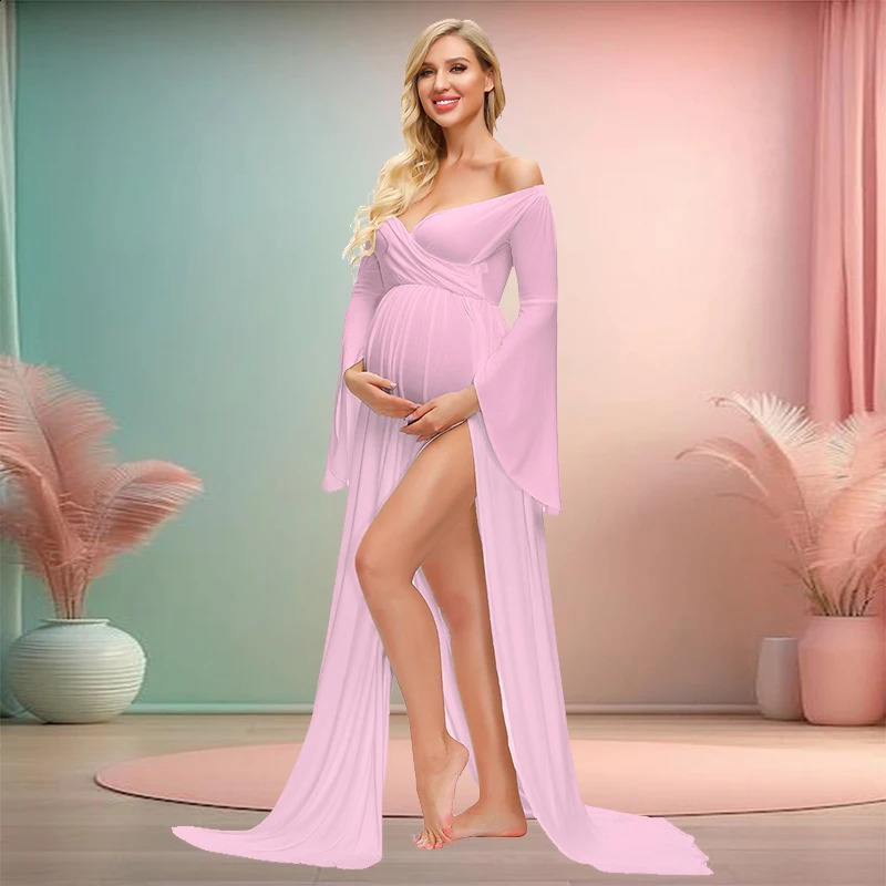 Maternity Off Shoulde Maxi Chiffon Dress for Po Shoot Bell Sleeves V-Neck Split Dress for Pography Baby Shower 250530