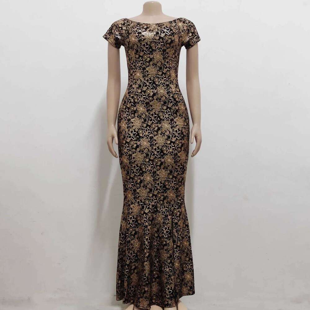Women Elegant Flower Party Dress Off the Shoulder Short Sleeve Slit Maxi Long Dresses for Woman