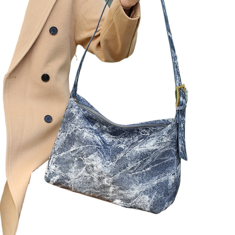 designer Lazy Style Tie-Dye Denim Bag Foreign Trade European and American Gradient Large Capacity Bag Trendy Shoulder Tote Bag Ins