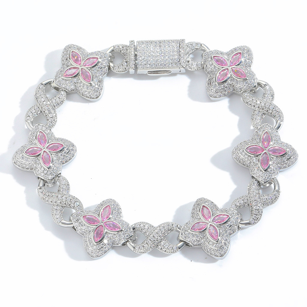 Hip Hop Pink Moissanite Four-Leaf Clover Bracelet Fashion Trendy Cool High-End 5A Moissanite Unisex Accessories moissanite