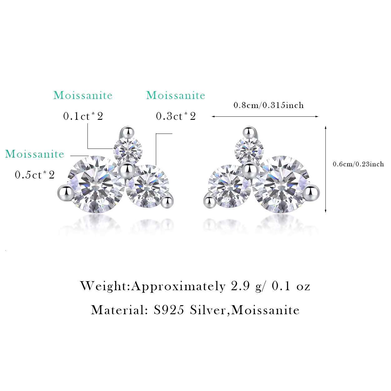 Push Back Classic Moissanite Stud Earrings White Gold 925 Sterling Silver VVS Mossanite Diamond Men Women E23091317202