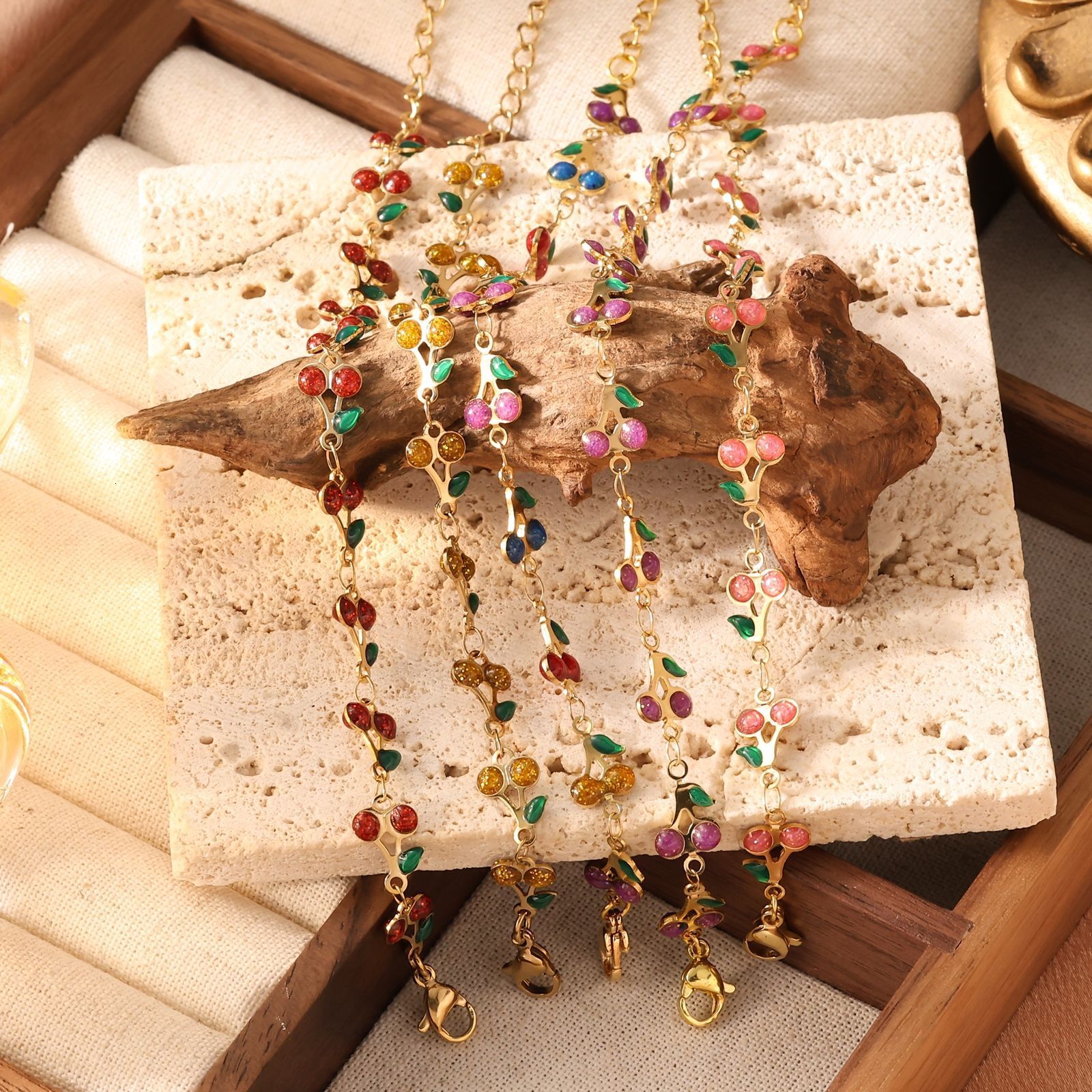 Gold Plated Enamel Cherry Bracelet Necklace Ins Stainless Steel Jewelry