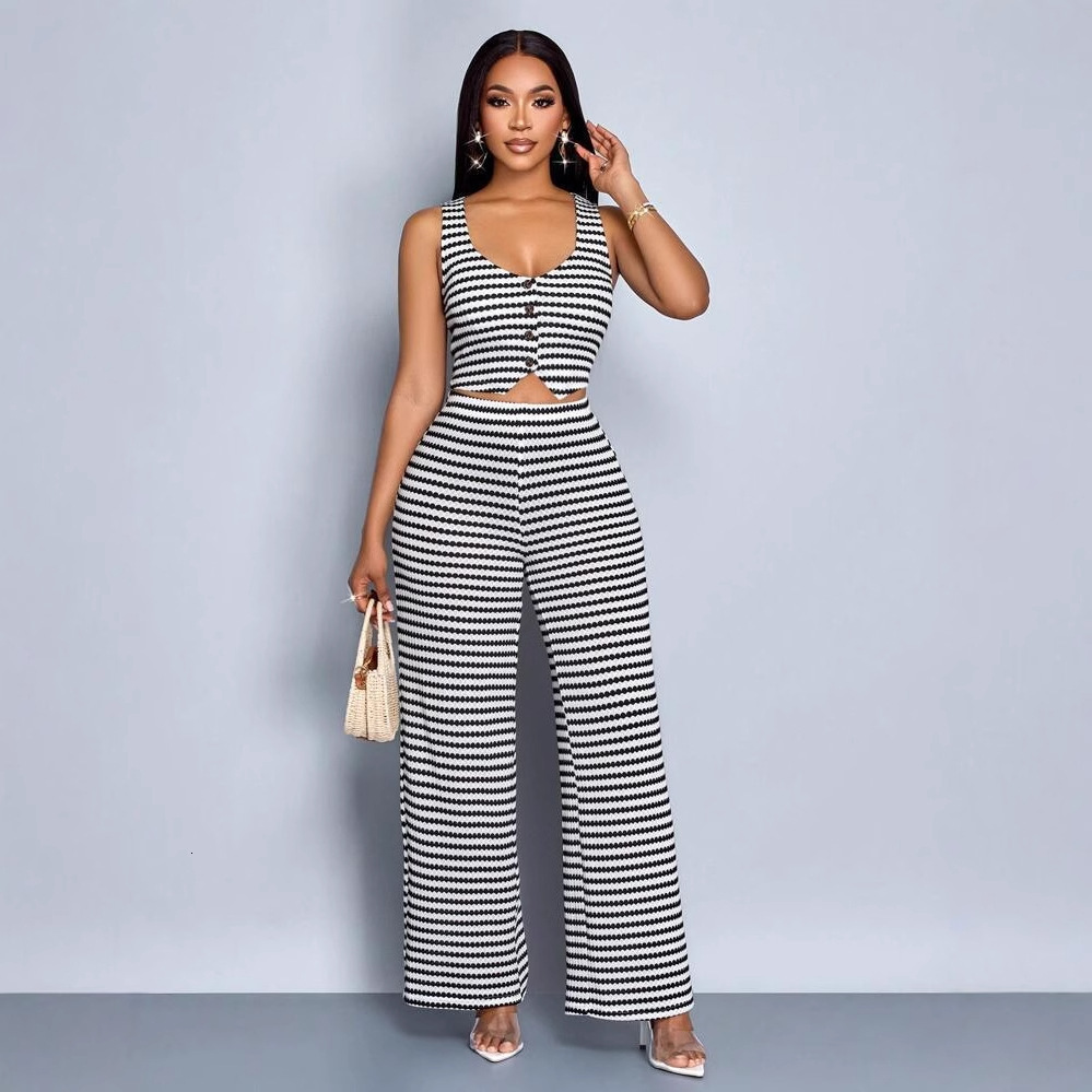 Designer T Shirt New Fashion Women S Clothing Fashion Personality Striped Print Sleeveless Vest Top Loose Wide Leg Pants Set Essentials Summer Dress