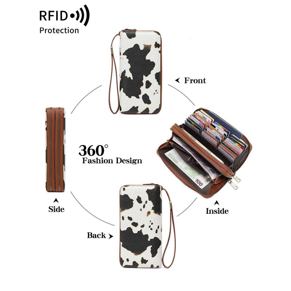 Anti Theft Brush Women's Long Wallet Retro Cow Pattern Organ Card Large Capacity Hand-Held Bag