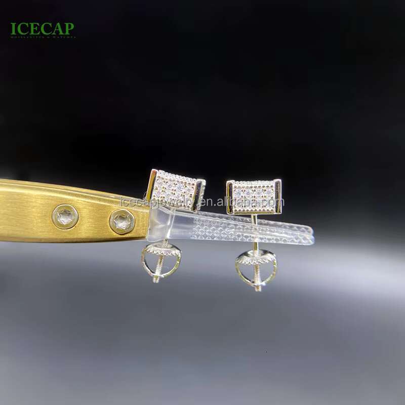 Fashion Jewelry Square Diamond Stud Earrings Ice Moissanite Silver Earrings for Men Women