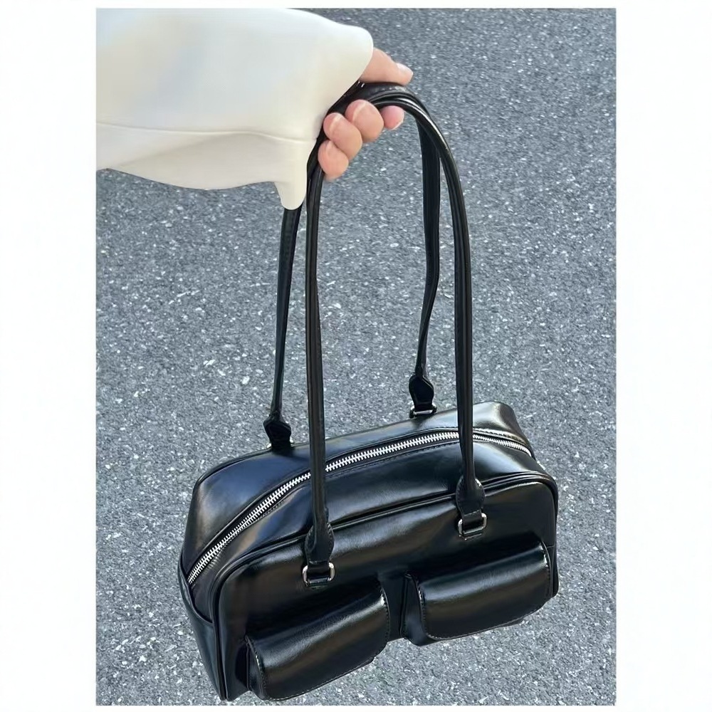 designer Korean Hyunjin Seo Yoon-jung Same Style Oil Wax Leather Bowling Bag Multi-pocket Underarm Bag Commuter Handbag Shoulder Bag