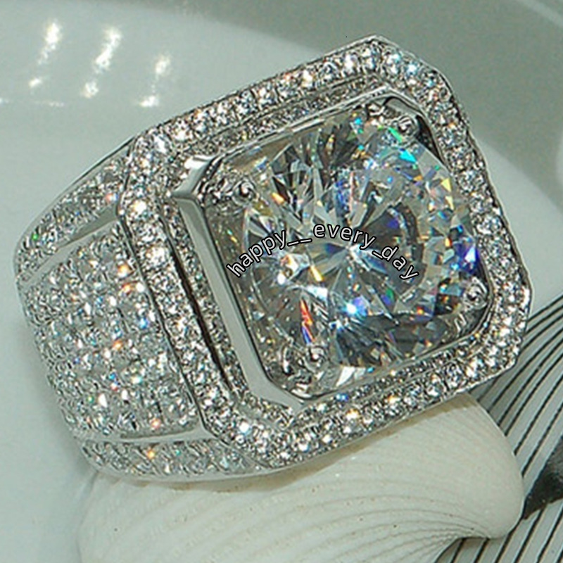 Domineering Stainless Steel Copper Engagement Wedding Ring Sparkling Full Diamond Cluster Inlaid Zircon Moissanite Large Loose