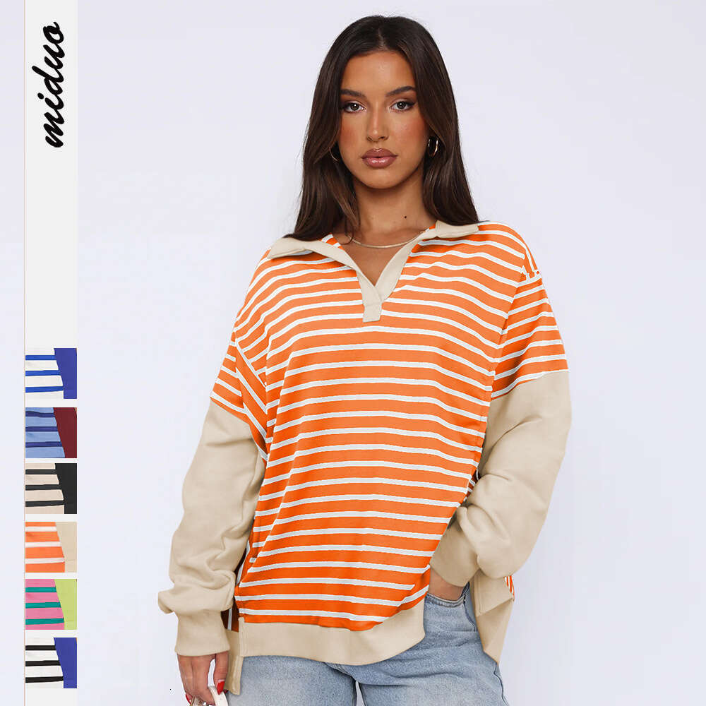 2025 Fashion New Loose Color-Block Striped Sweatshirt with Slit Autumn and Winter Casual Slimming Top Trendy Brand for Women
