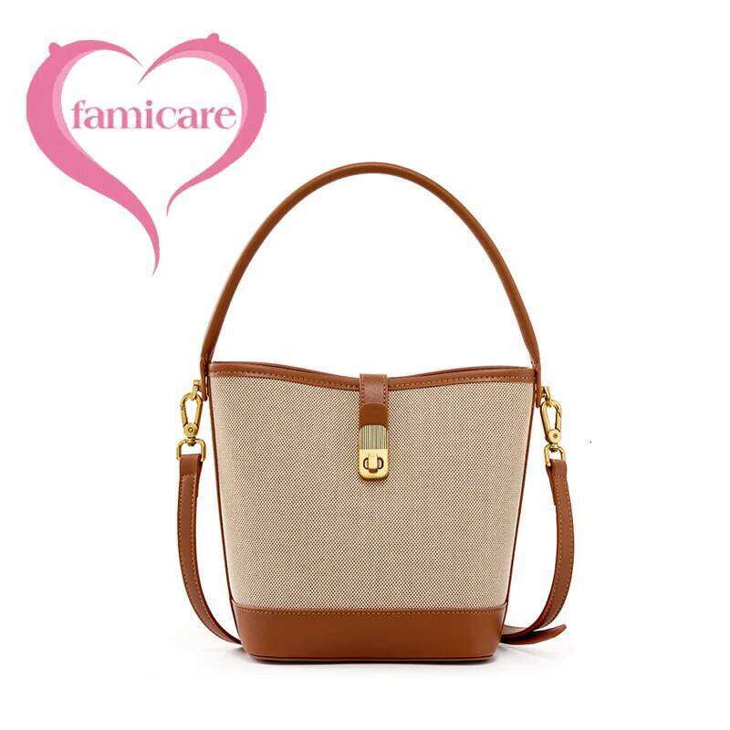 Retro Weaving Female Messenger Bags Color Splicing Women Bucket Shoulder Bag Canvas Combining Man-Made Leather Ladies' Handbags