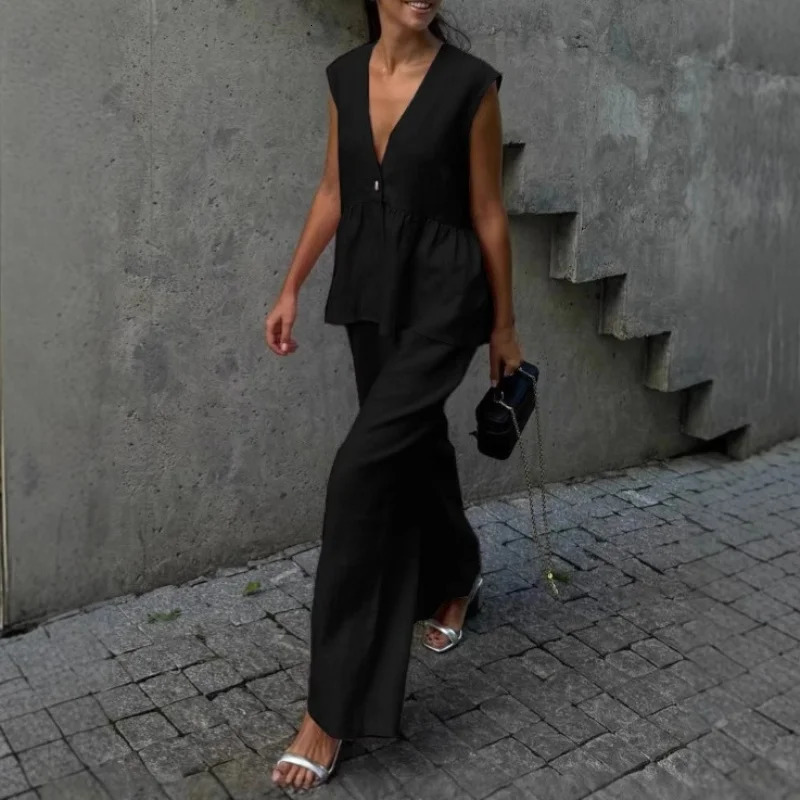 Elegant Women Two Piece Sets Fashion Summer Sleeveless Single Breasted Vests Wide Leg Pants Suit Casual Office Lady Outfits 250530