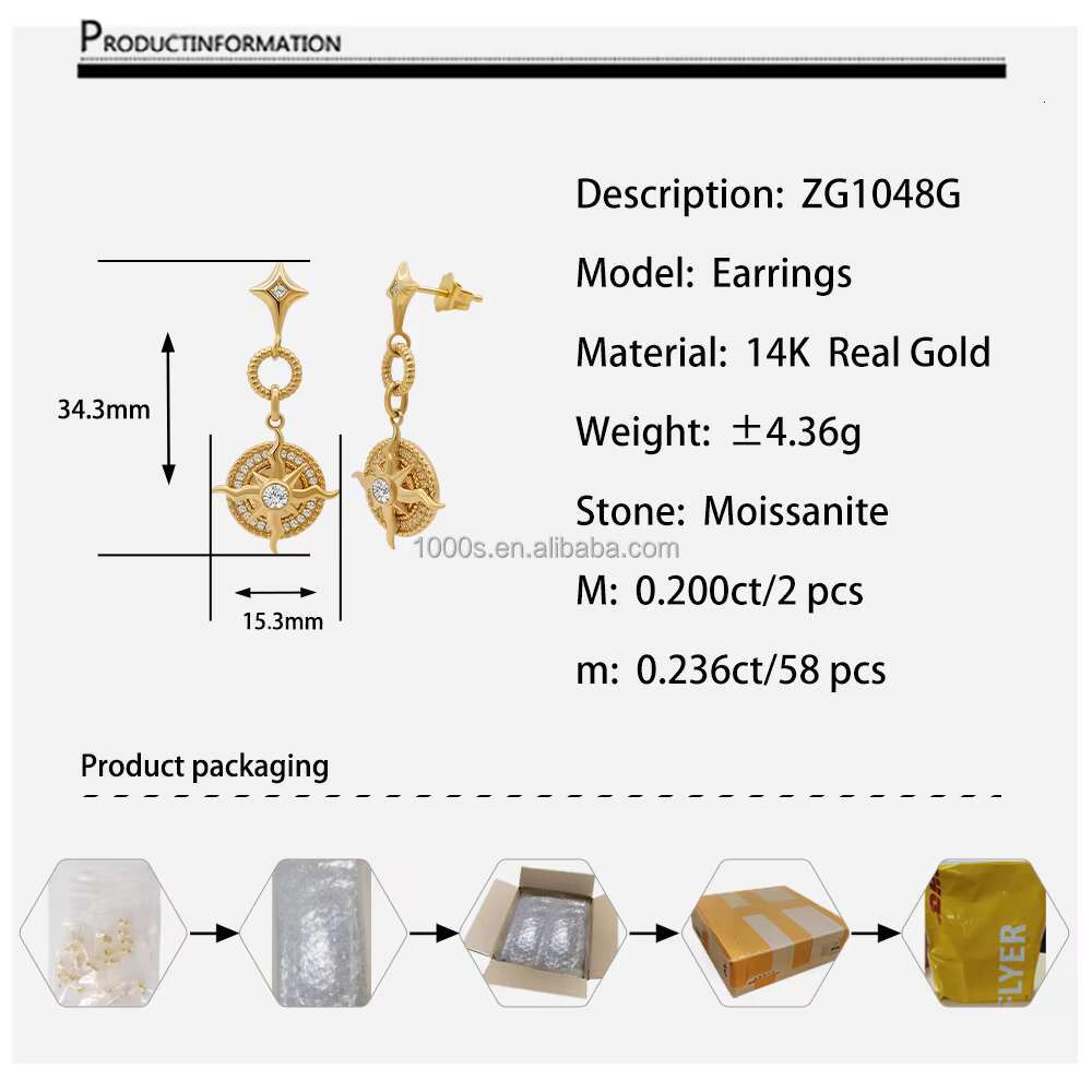 New Arrival 14K Real Yellow Gold Moissanite Drop Stud Earrings Fine Jewelry for Women