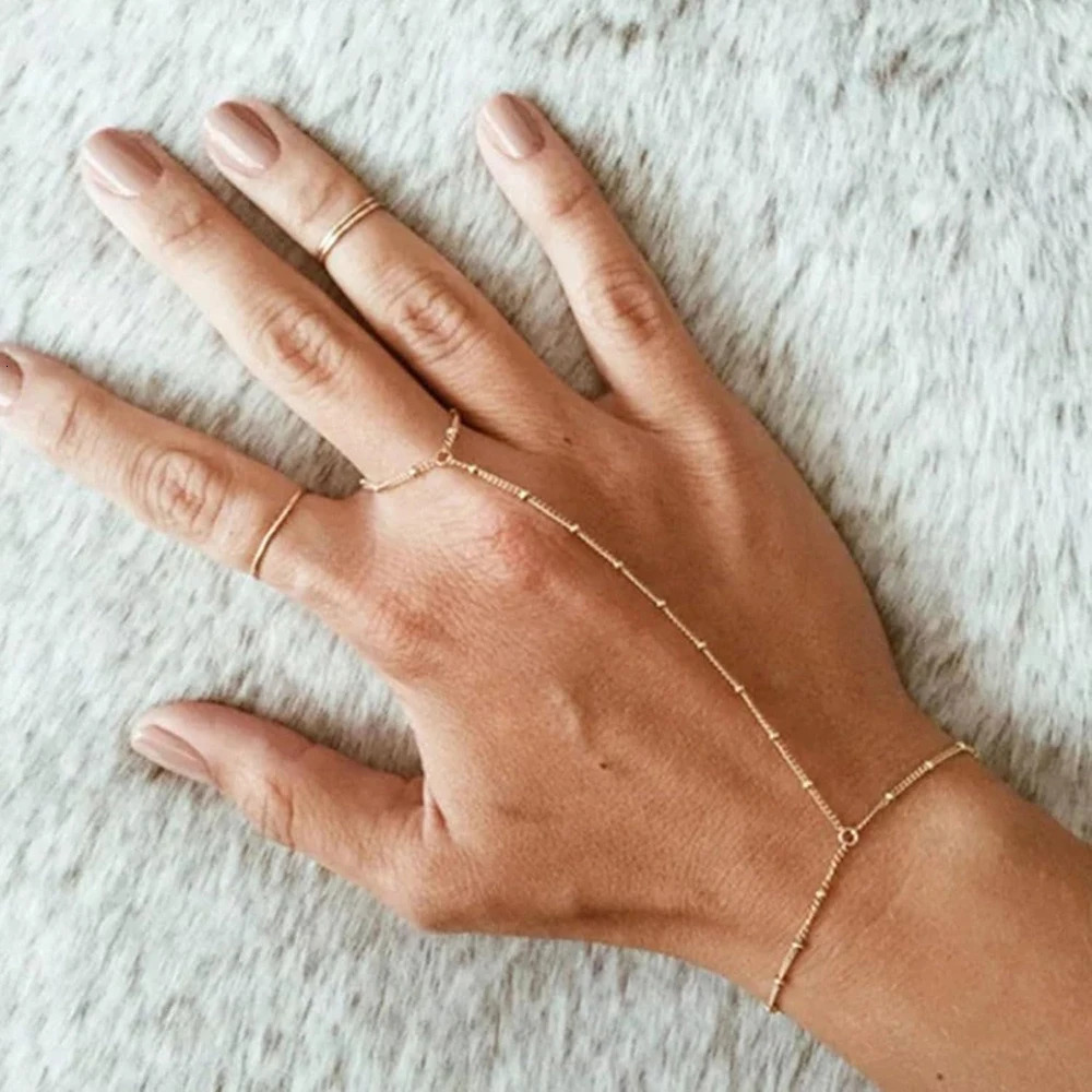 Dainty Hand Chain Bracelet Ring Gold Plated Handmade Link Chains Connecting Harness Bracelets Hand Jewelry for Women Trendy Gift 250528