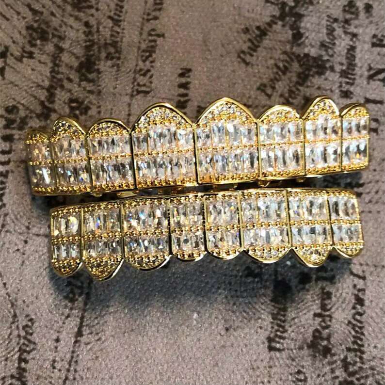 18K Gold-Plated 925 Sterling Silver Hip Hop Teeth Grillz Trendy Body Jewelry With Moissanite Diamond Stone for Anniversaries