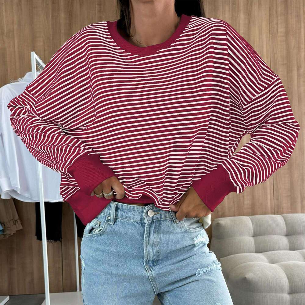 Women's Sweatshirt Early Autumn 2025 New American Style Loose Design Striped Top Round Neck Pullover Long Sleeve T-Shirt Trend