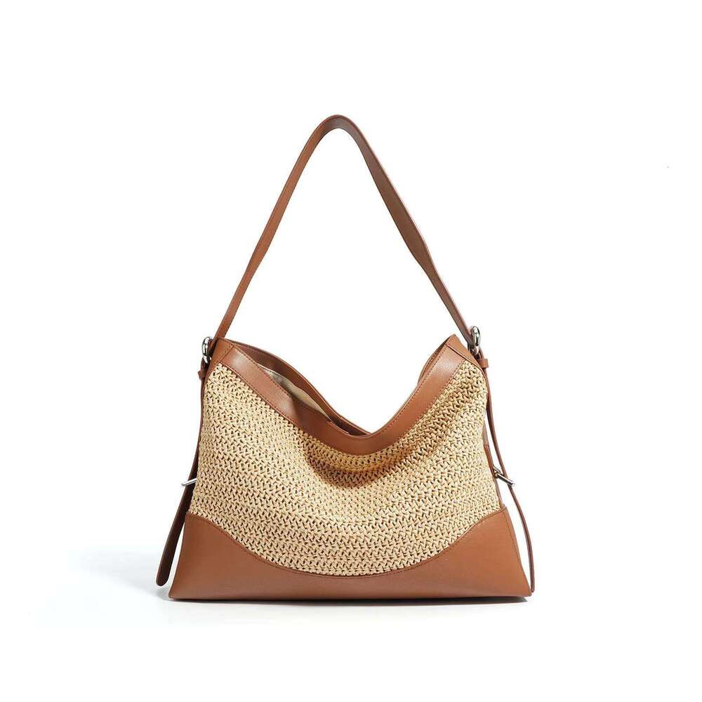 Factory Customized Raffia Tote Shoulder Handbag Polyester Paper Straw Beach Bag With Cowhide Leather