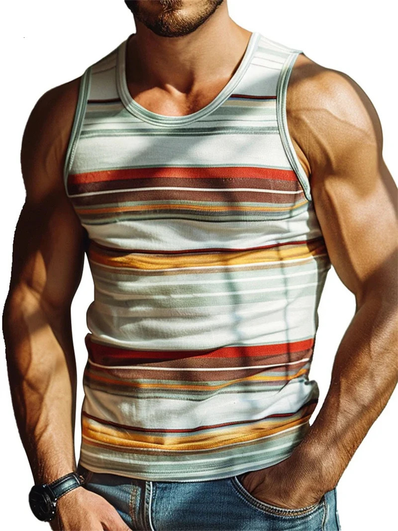 Simple Stripe 3D Printed Tank Tops For Men Fashion Summer Sleeveless Casual Sports Vest Retro Quick Dry Breathable Oversized Tee 250527