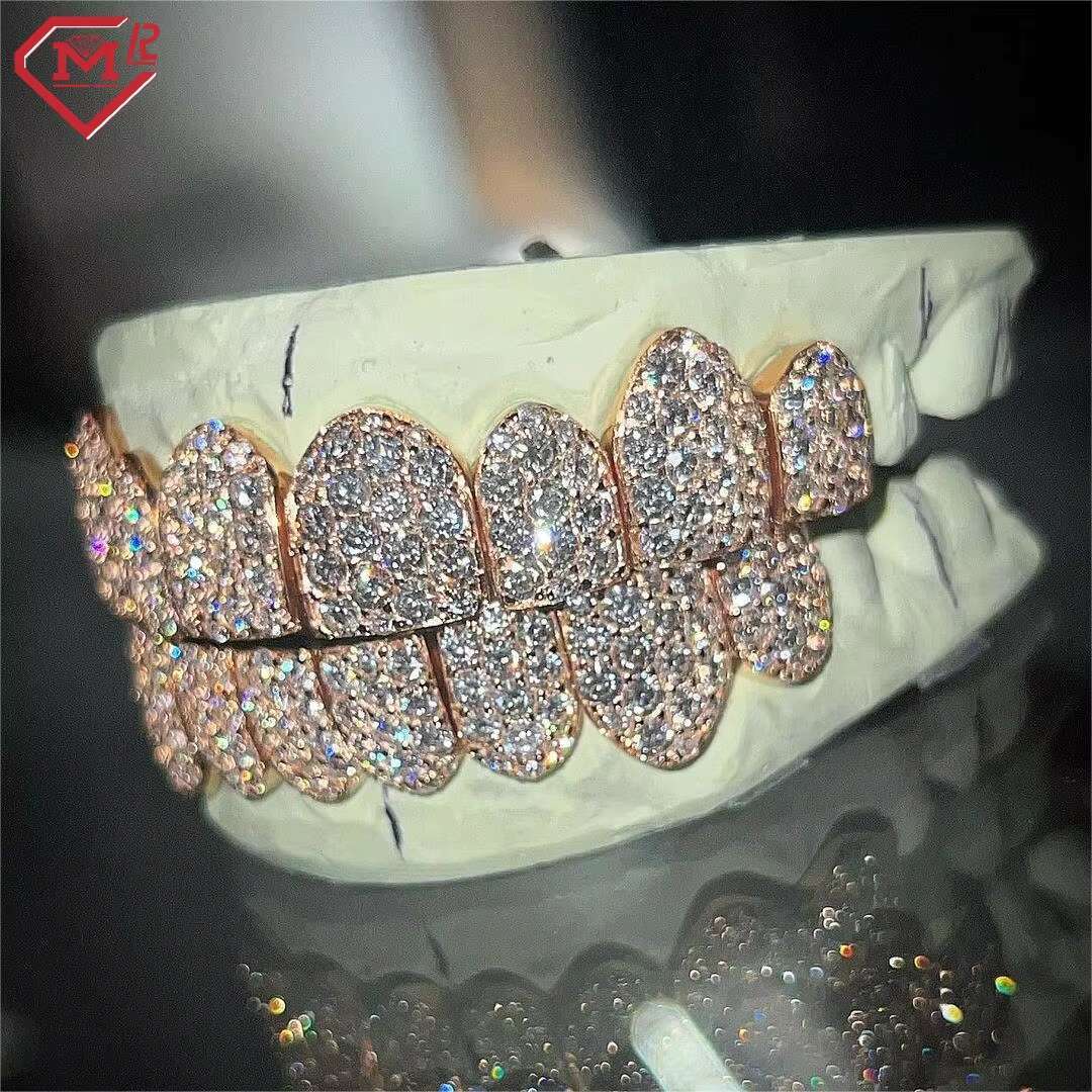 Hiphop Iced Out Grillz for Teeth 18k Gold Plated Jumbo 2mm Stone Deep Cut Vvs Moissanite Grillz Custom
