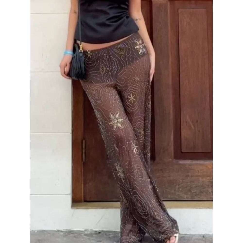 Summer Shiny Sequins Wide Leg Pants Women Elegant Loose Beading Snowflake See Through Trousers 2025 New Lady Holiday Outerwear