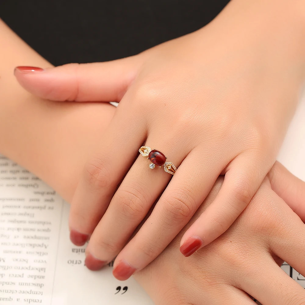 925 Sterling Silver Womens Ring with 8*6mm Natural Gems Blood Amber Adjustable Open Bands Jewelry for Daily Wear Birthday Gift 250526