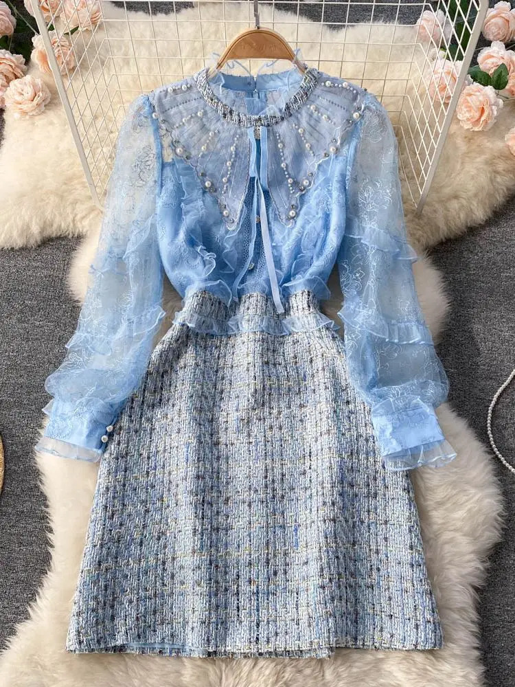 Small Fragrance Embroidery Flower Mesh Stitching Woolen Tweed Plaid Ruffle French Pearls Sweet Girls Fairy Bow Dress 250529