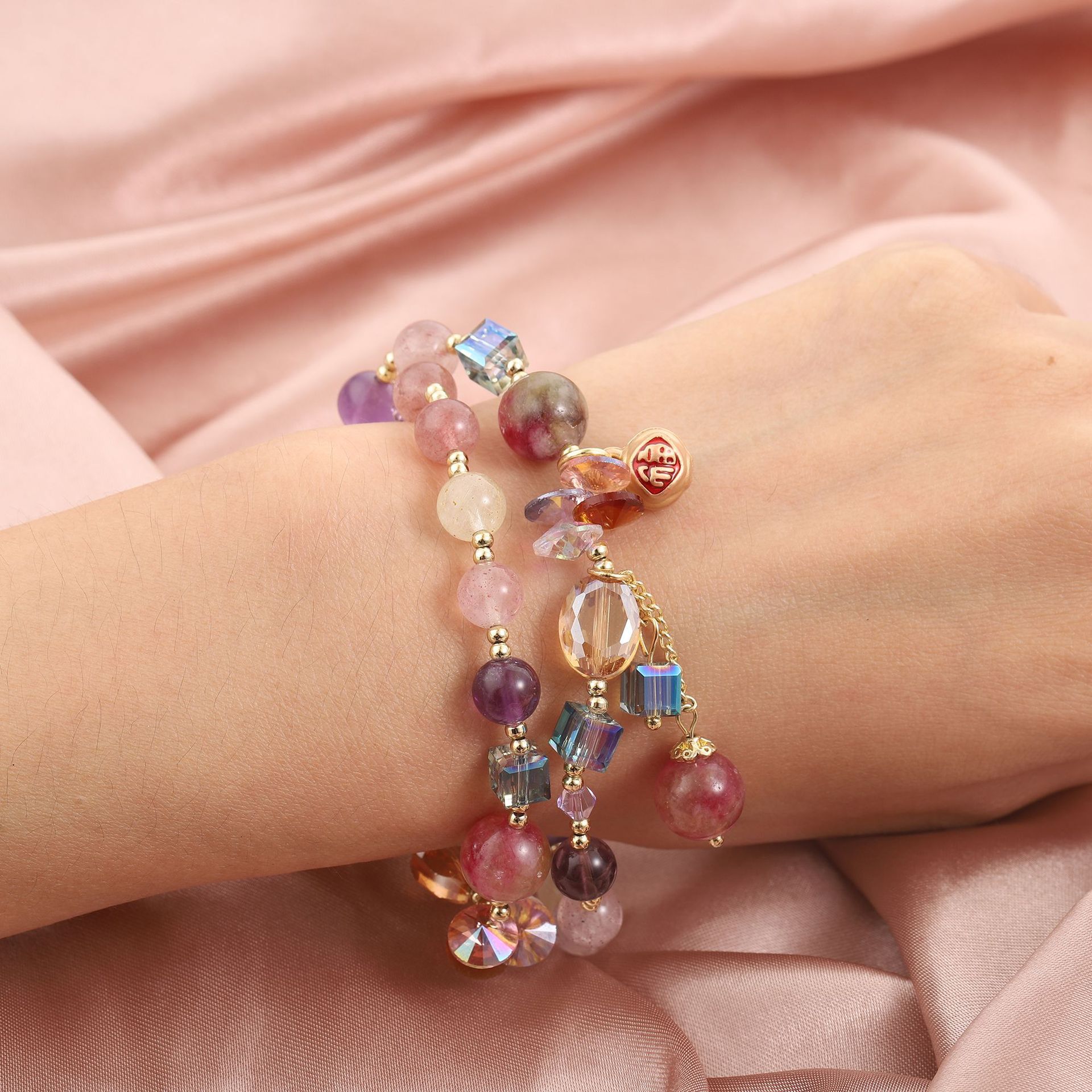 Colorful bead crystal double circle bracelet, stone sand gold pendant, elastic chain, simple rural style women's accessory