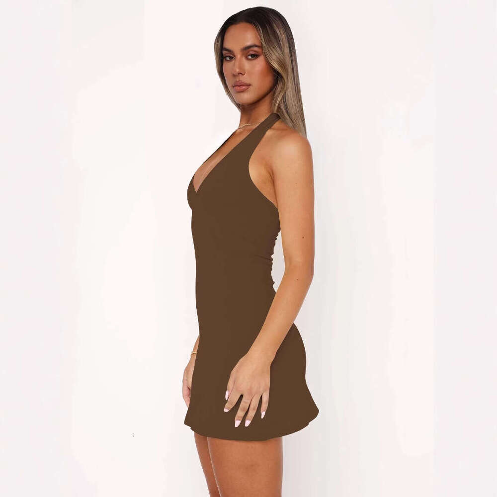 2025 New Women's Fashion Solid Color Slim Fit Summer Strap Sexy Short Dress Halter Neck