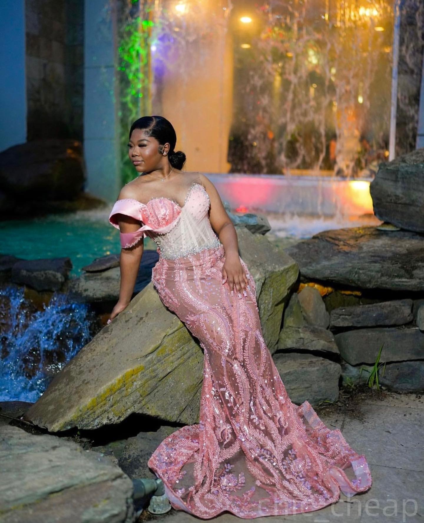 Pink Mermaid Prom Dresses 2025 Illusion Crystals Beaded Sequined Evening Formal Party Second Birthday Engagement Gowns Plus Size Dress For Special Occ