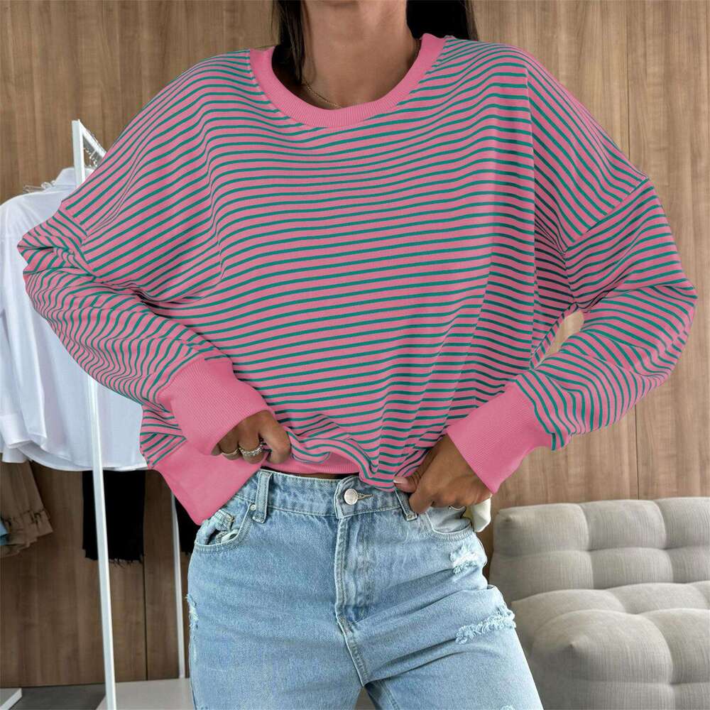 Women's Sweatshirt Early Autumn 2025 New American Style Loose Design Striped Top Round Neck Pullover Long Sleeve T-Shirt Trend