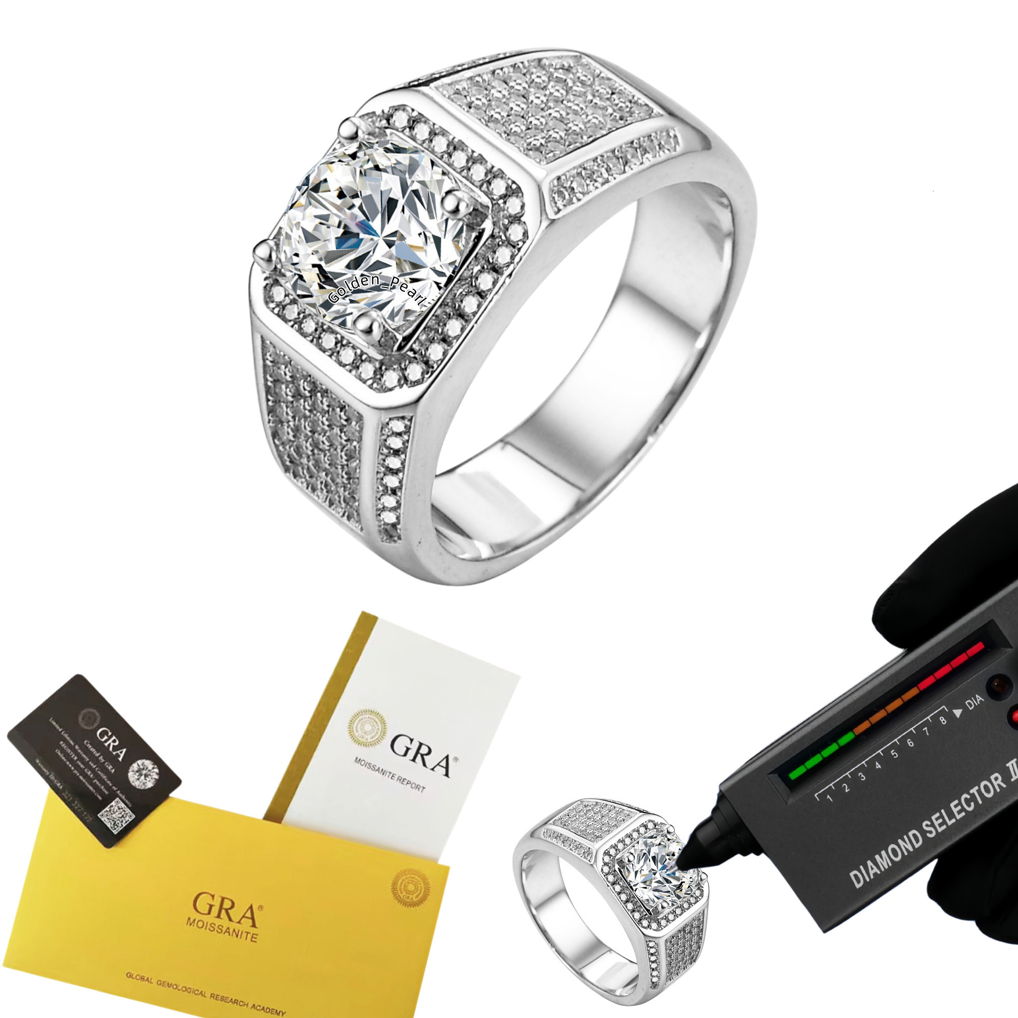 Wholesale 925 Sterling Silver Round Cut Moissanite Ring for Men Moissanite Engagement Wedding Ring 2ct