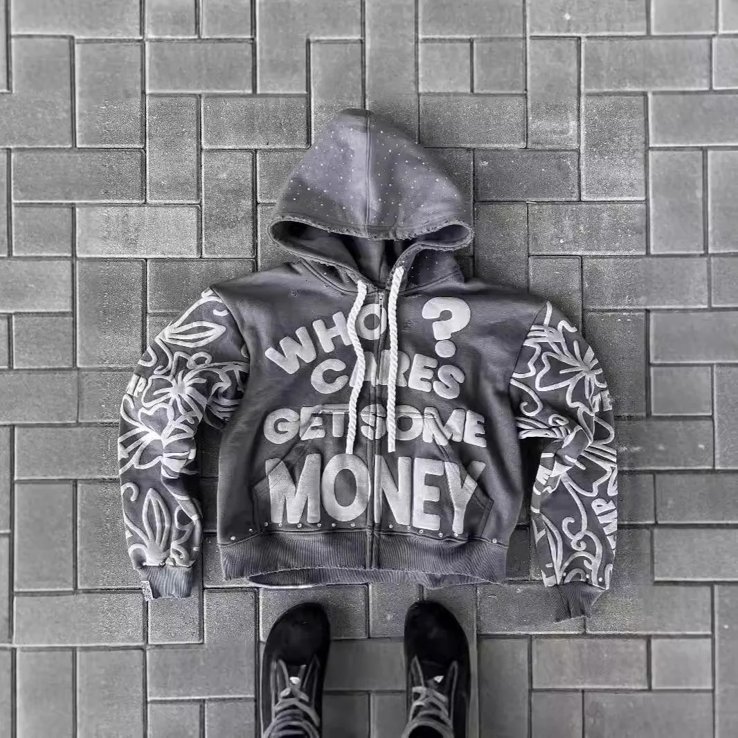 American letter foam print street trend Y2K destruction hoodie loose pullover sweater 250529