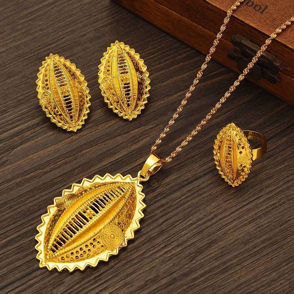 Shell Shape Gold Plated Ethiopian Eritrea Traditional Jewelry Set Necklace Earring Women's Habesha Wedding Bridal Best Gift