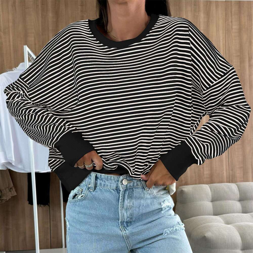 Women's Sweatshirt Early Autumn 2025 New American Style Loose Design Striped Top Round Neck Pullover Long Sleeve T-Shirt Trend