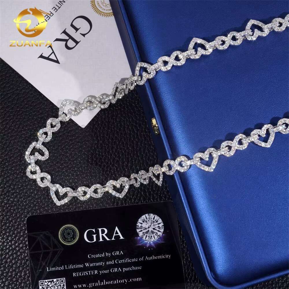 New Arrivals Rappers Hip Hop Rapper Silver 12MM VVS Moissanite Diamond Heart Mixed Infinity Necklace Cuban Link Chain