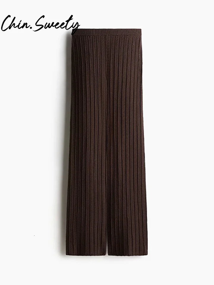 Vintage Brown Knit Cardigan Pants Women Outfit Button O-neck Short Sleeve Top Straight Trousers 2025 Summer Chic Lady Set 250530