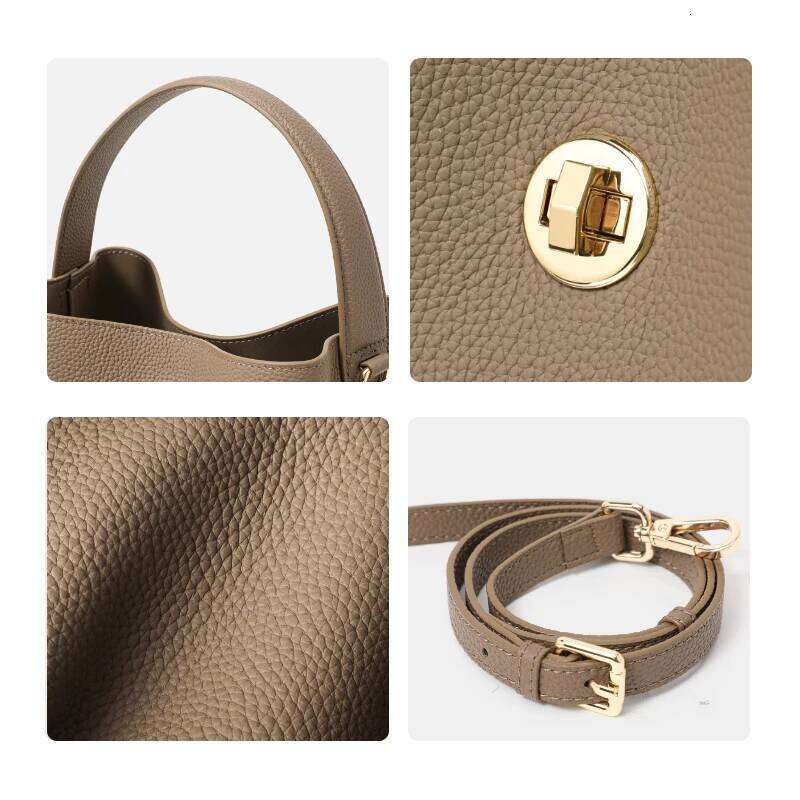 Elegant retro hand-carried water bucket top layer cowhide multi-layered strap lock tote bag single shoulder cross-body