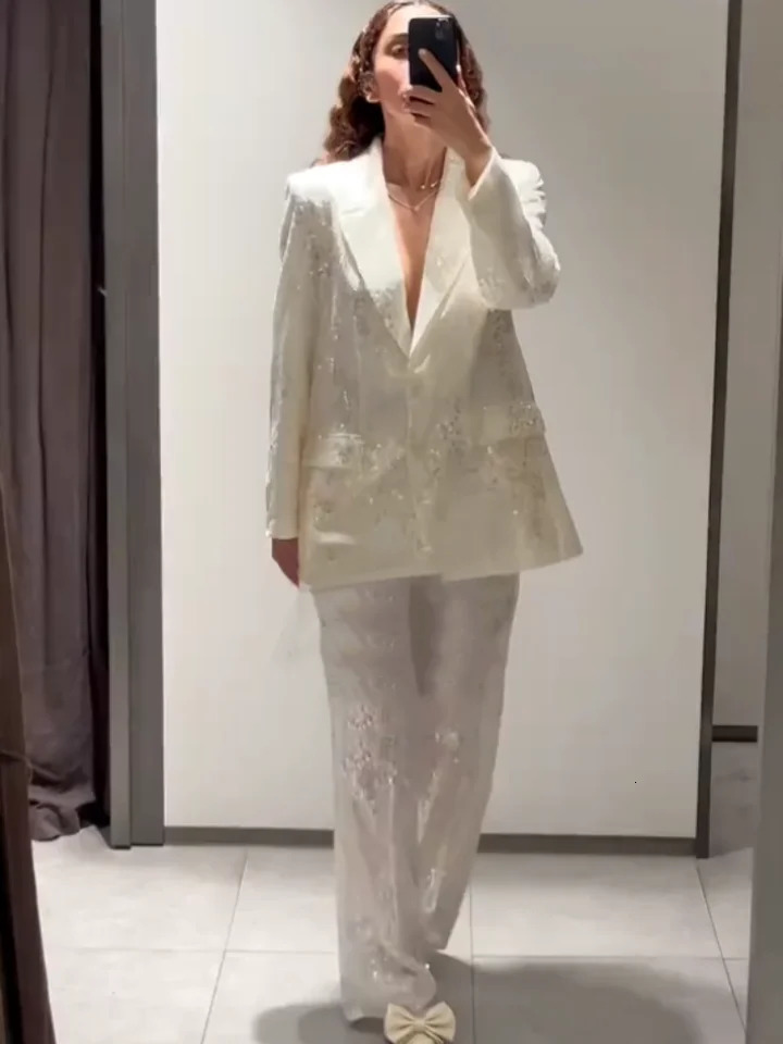 Sequin Waist Cinched Suit Coat Jacket Perspective Pants Set Silhouette Slimming Women Suits Outwear Top Trousers Formal Attire 250530