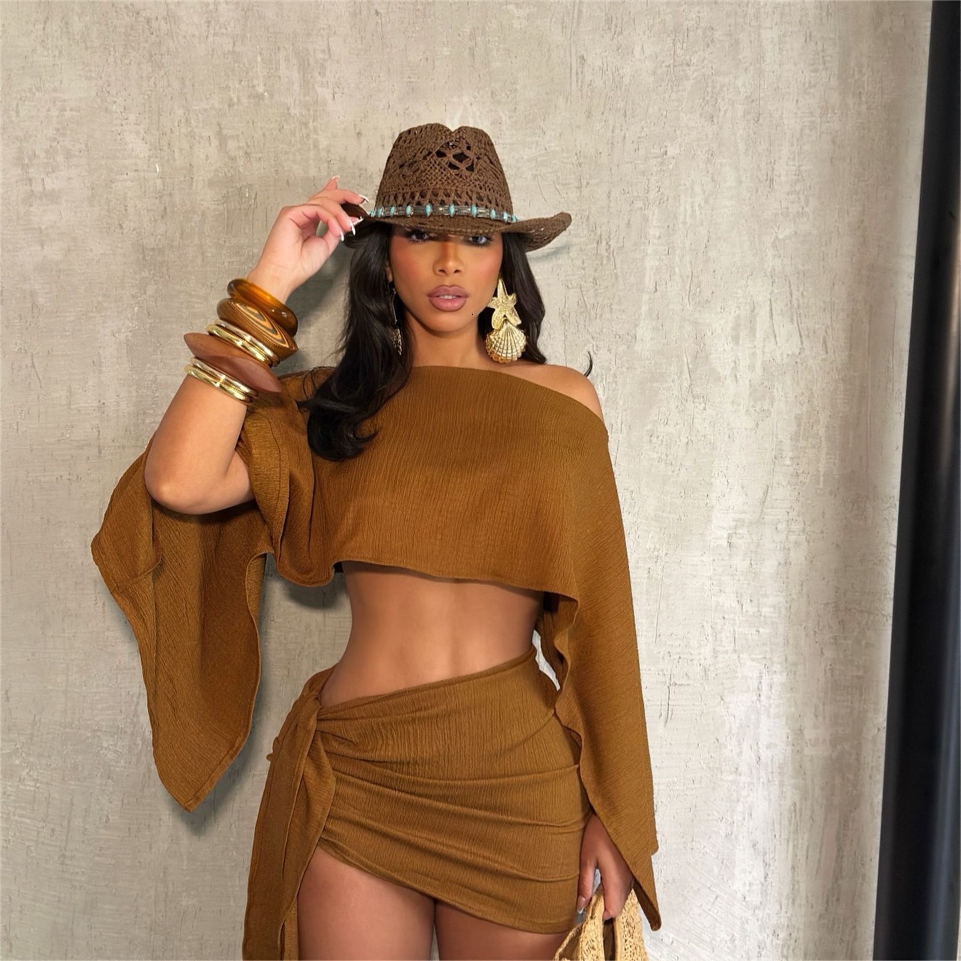 Designer T Shirt New Fashion Border Solid Slim Fit Vacation Style Asymmetric Neck Off Shoulder Top With Tie Waist Bodycon Skirt Set For Women Essentia