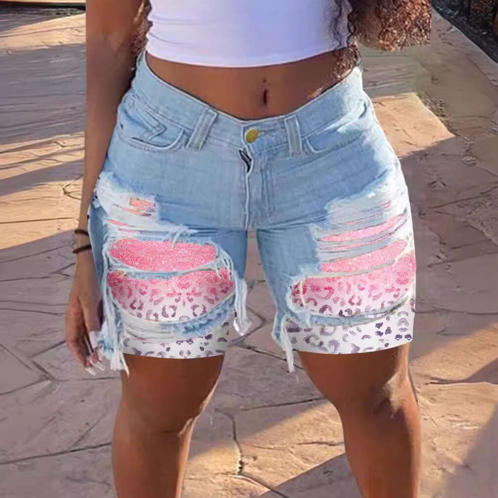 Denim Shorts Jeans Shorts Spring Summer New Patchwork Denim For Women Unique Street Style Ripped Straight Mid Length Shorts Ripped Short Jeans
