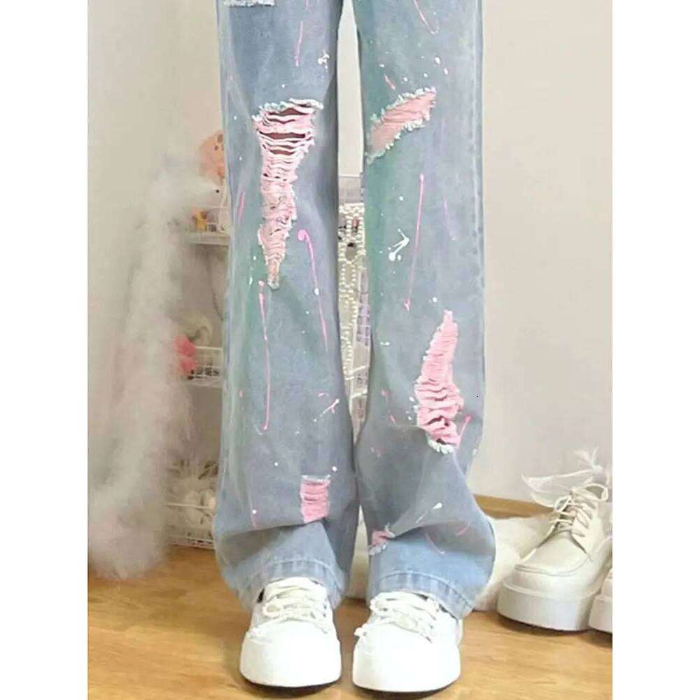 Woman Ripped Jeans Straight Leg High Waist Shot Loosefit Denim Pants For Women Pant Aesthetic 2025 Quality Teenagers Trousers