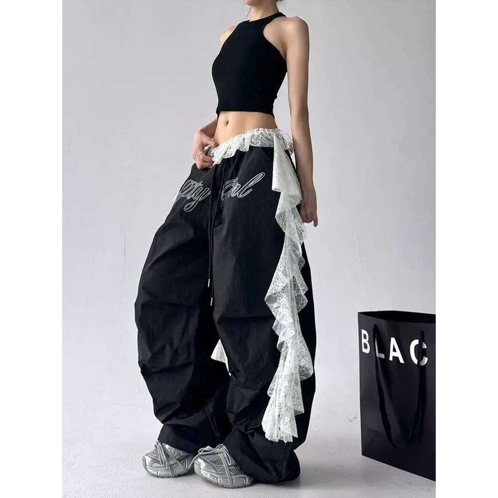 American Retro Black Printed Spice Girls Street Dance Scimitar Women's Loose Design Splicing Summer New Wide Leg Pants