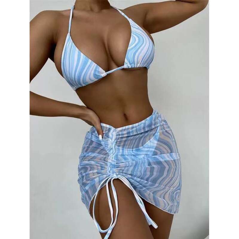 Hot selling split women's sexy striped swimming strap mesh bikini three piece set swimsuit 2025 new casual versatile fashion clothing