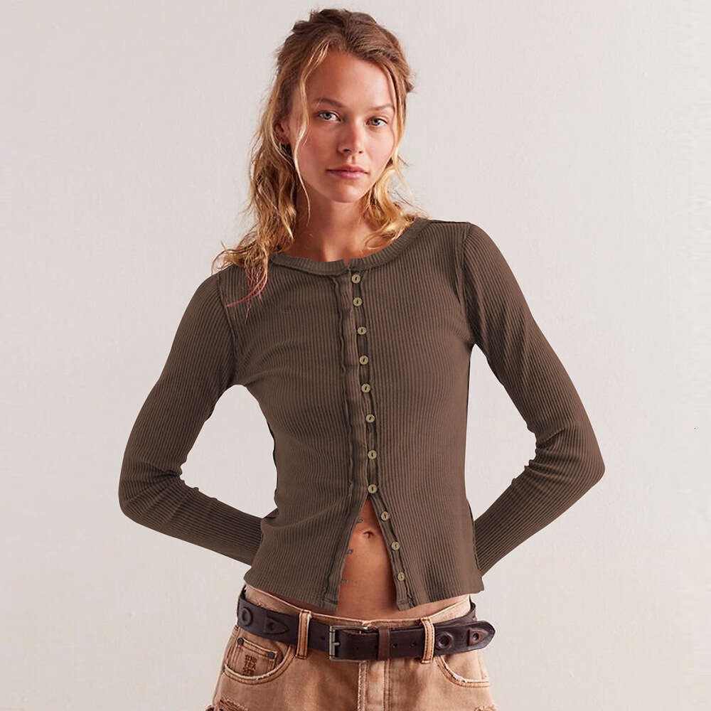 Fashion 2025 Women's Long Sleeve Round Neck Button Ribbed Solid Color Autumn Winter Warm Cardigan Jacket for Women