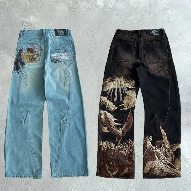 Y2K Jeans Harajuku splicing solar Eclipse pattern Seams Embroidery Jeans vintage Hip Hop men women wide leg jeans streetwear 250529